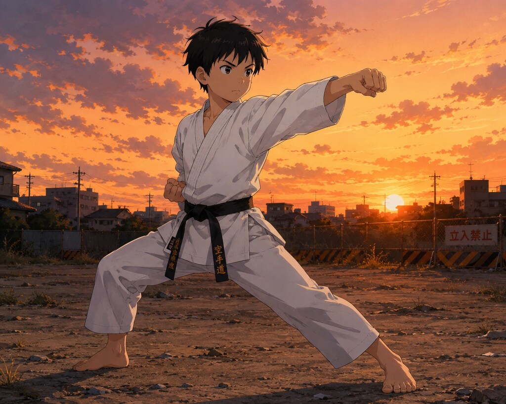 夕陽の空手少年