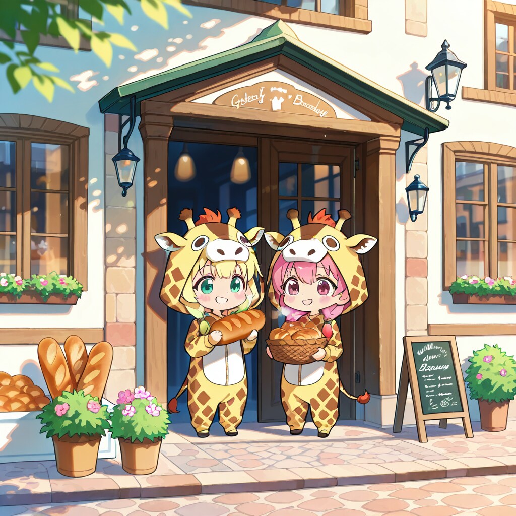 パン屋さんでパンを買って帰るキリン着ぐるみちび子ちゃん | の人気AIイラスト・グラビア