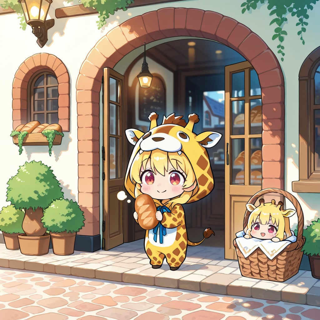 パン屋さんでパンを買って帰るキリン着ぐるみちび子ちゃん