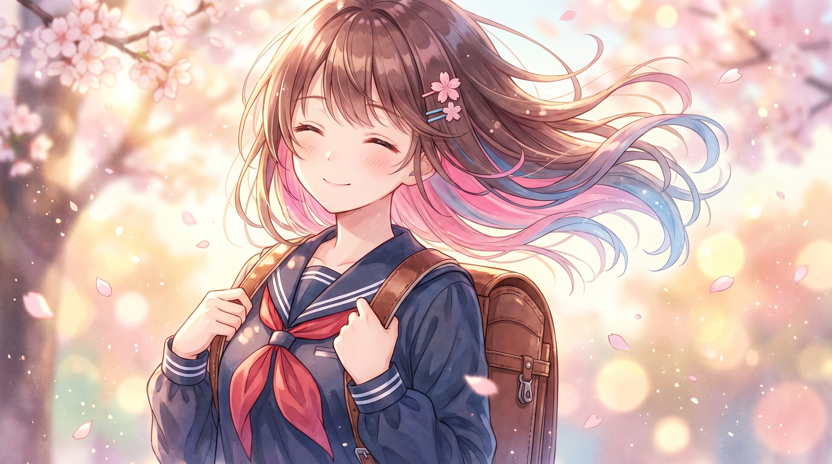 桜嵐に揺れる蒼桃髪