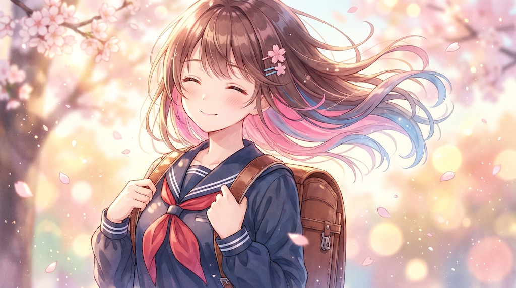 桜嵐に揺れる蒼桃髪