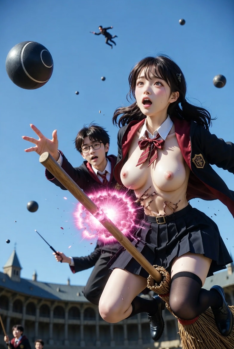 魔法学校の男子生徒による禁断のエロ魔法「クディッチで負けるわけにはいかない！エクスペリクロス！（服よ裂けろ！）」