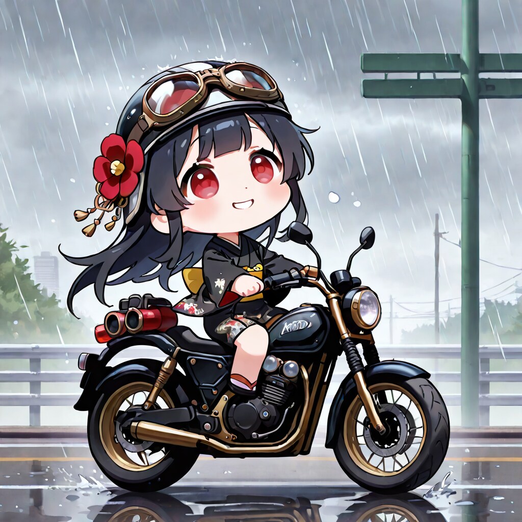 バイクに乗るミニトキヒメ(雨の日)