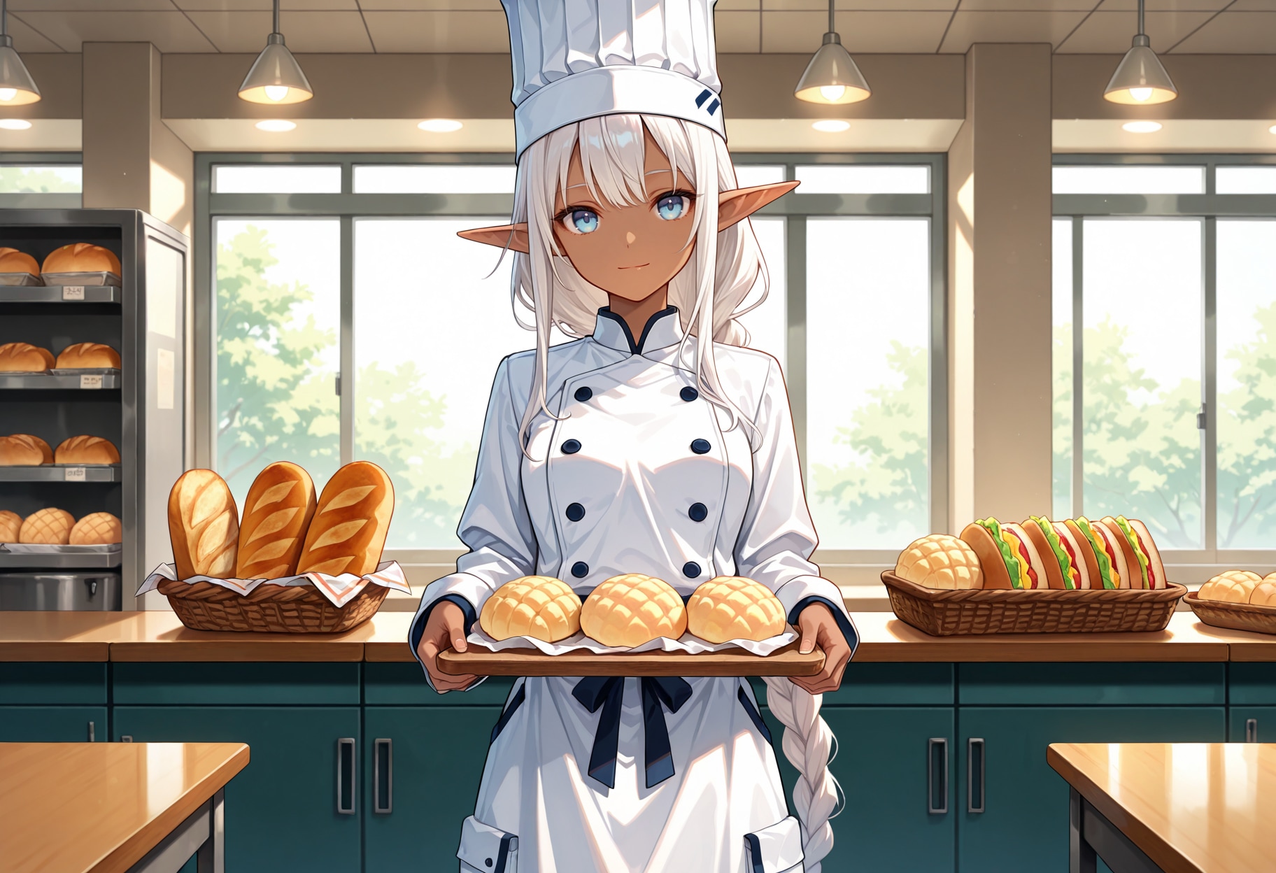 メロンパンが焼き上がったパン屋を営むダークエルフさん | の人気AIイラスト・グラビア