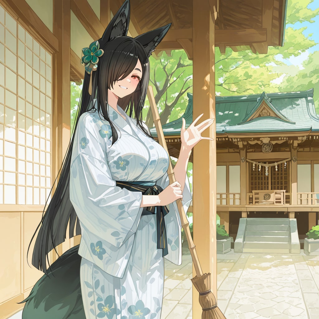 狐娘アヤコ　神社で掃除