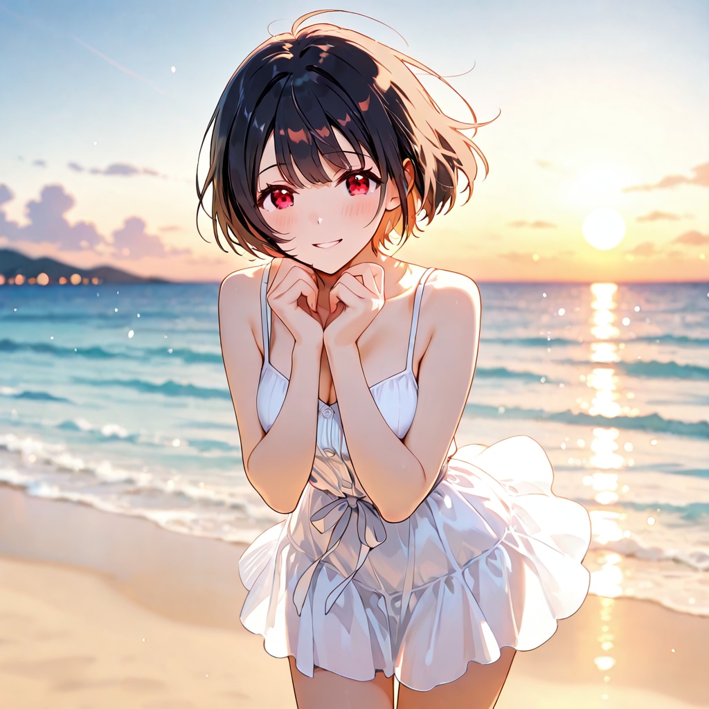 先輩、海……綺麗ですよね。あのっ、今夜……私の初めて、もらってくれませんか？頑張り、ますから。
