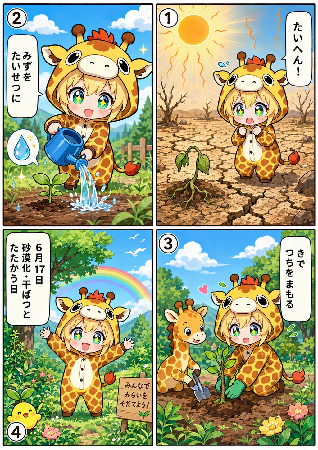 砂漠化および干ばつと闘うキリン着ぐるみちび子ちゃん