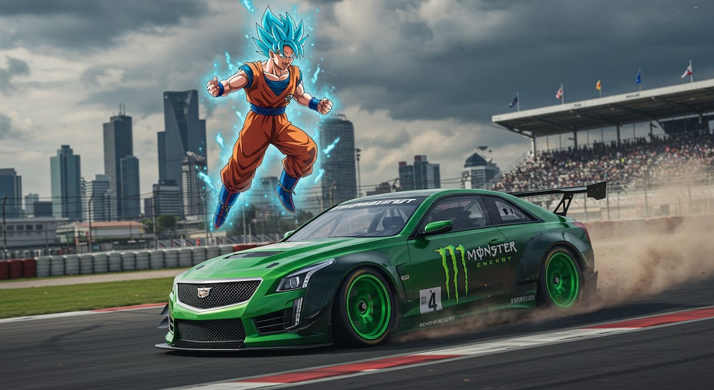 孫悟空とモンスターエナジーキャデラックのドリ車