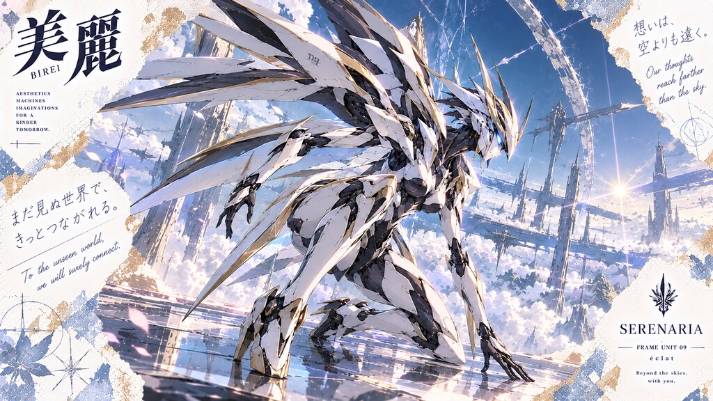 Serenaria, Frame Unit 09, kneeling in light above a crystalline sky-city at dawn.  Our thoughts reac