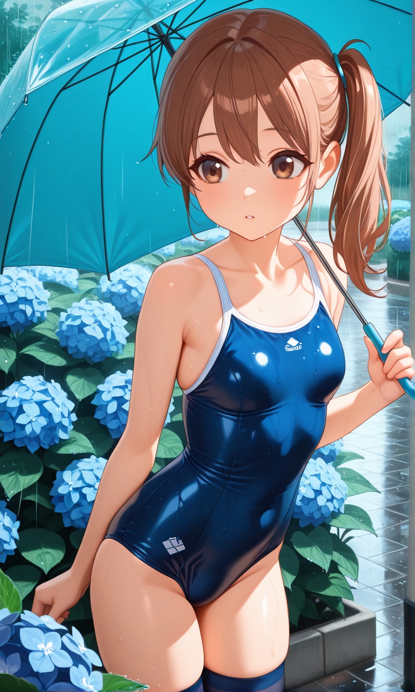 紫陽花とスク水サイドポニー女子