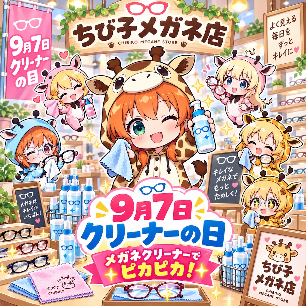 メガネクリーナーとキリン着ぐるみちび子ちゃん