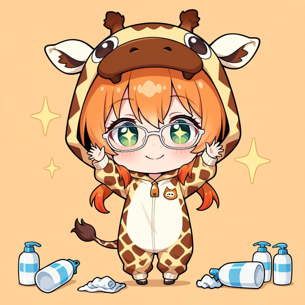 メガネクリーナーとキリン着ぐるみちび子ちゃん | の人気AIイラスト・グラビア