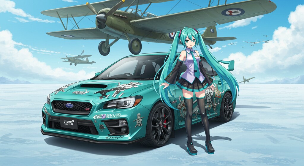 初音ミクとスバルWRXS4と軍用機