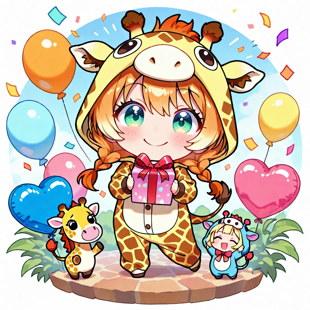 新年度の開幕を祝うキリン着ぐるみちび子ちゃん