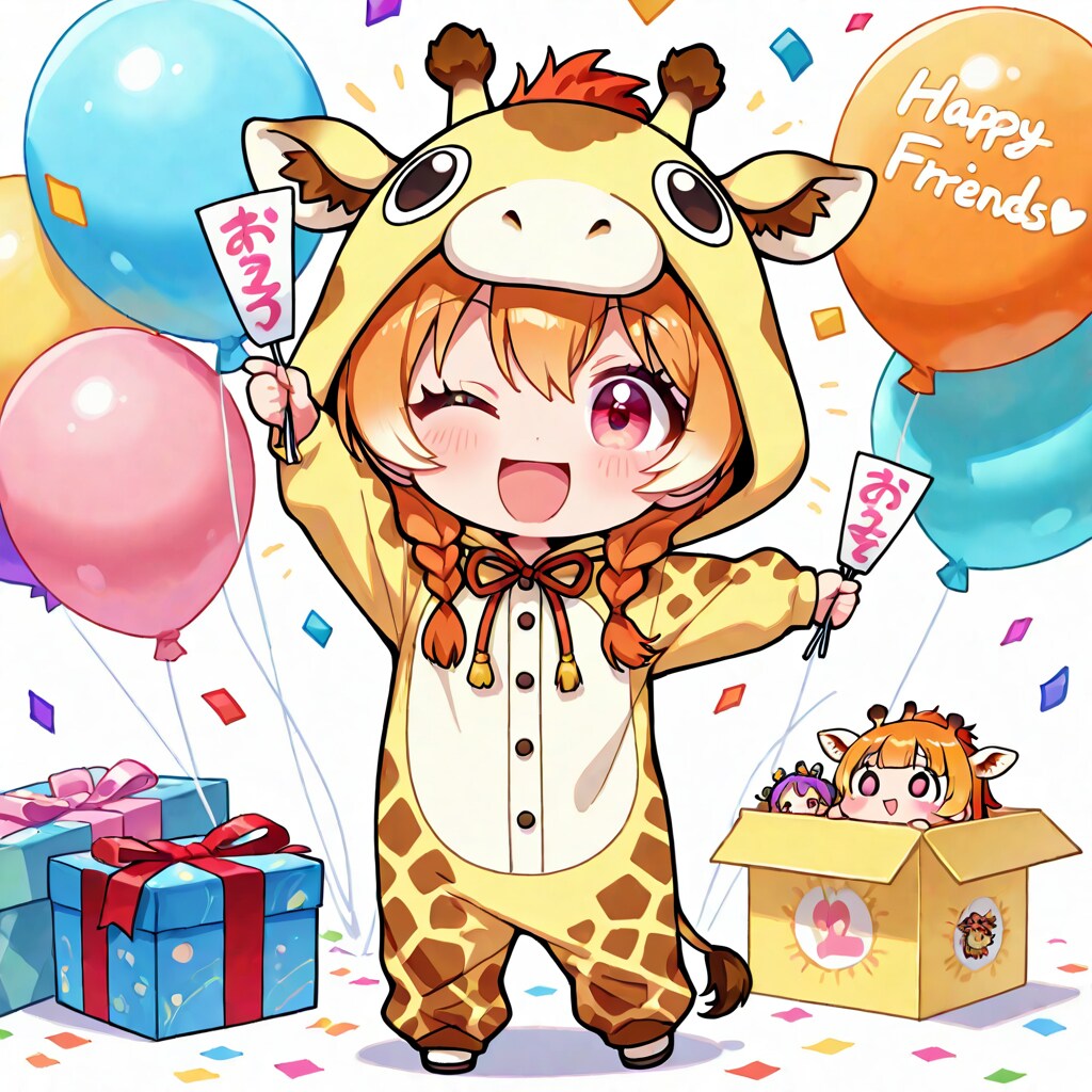新年度の開幕を祝うキリン着ぐるみちび子ちゃん