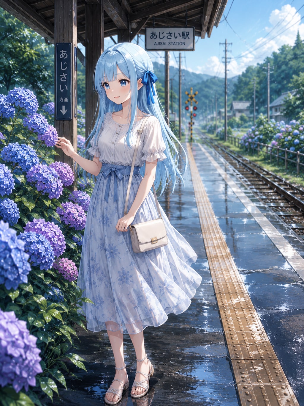 雨上がり、紫陽花の参道にて
