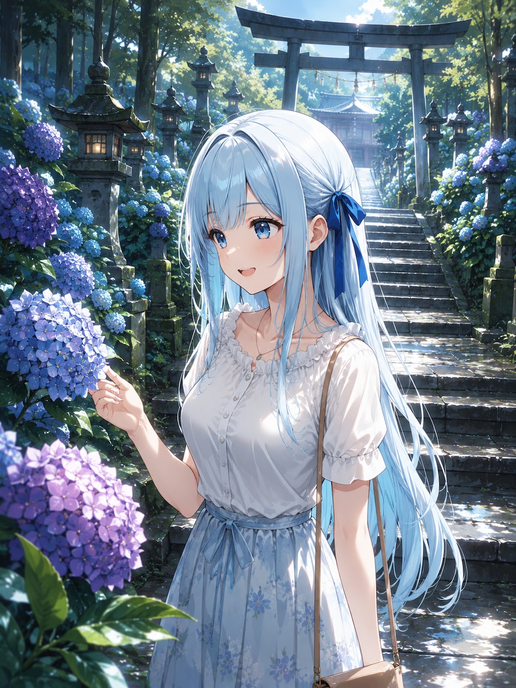 雨上がり、紫陽花の参道にて