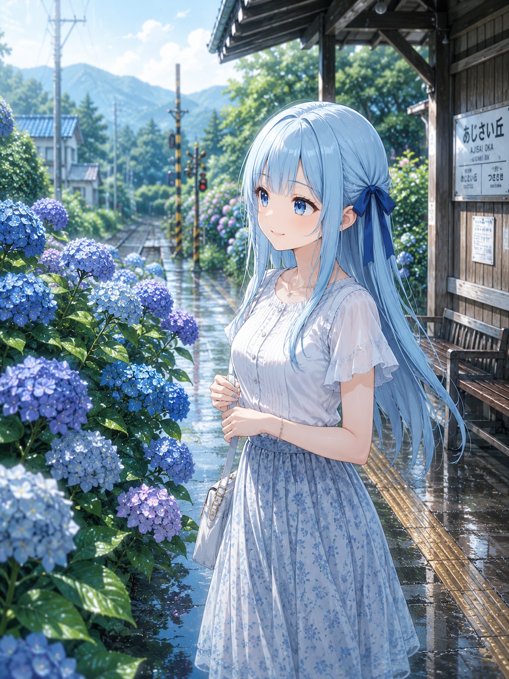 雨上がり、紫陽花の参道にて