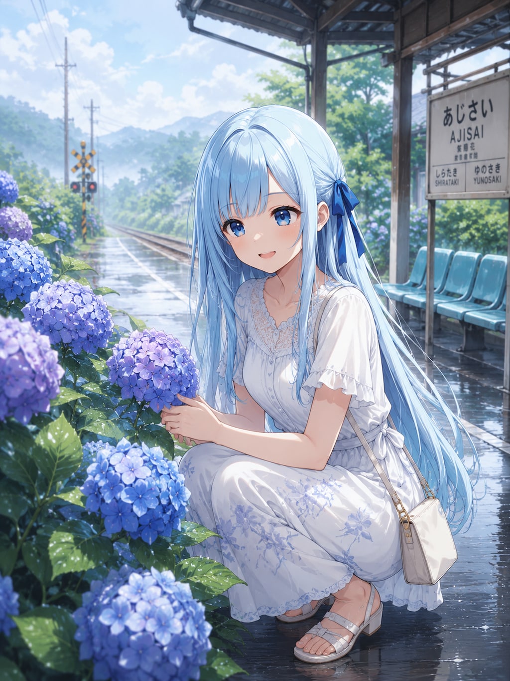 雨上がり、紫陽花の参道にて