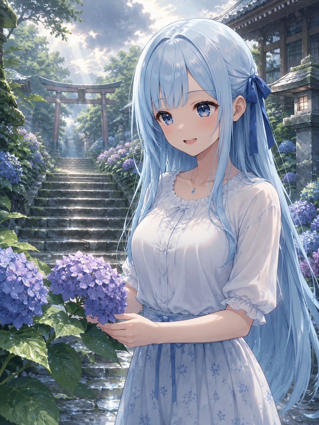 雨上がり、紫陽花の参道にて
