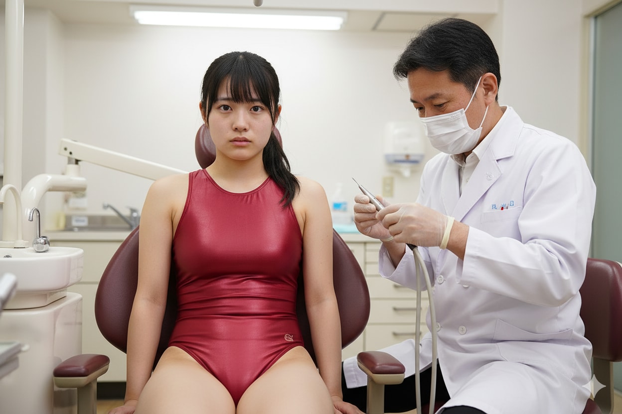 エアタービンを準備する歯科医と緊張して待つ水球部員