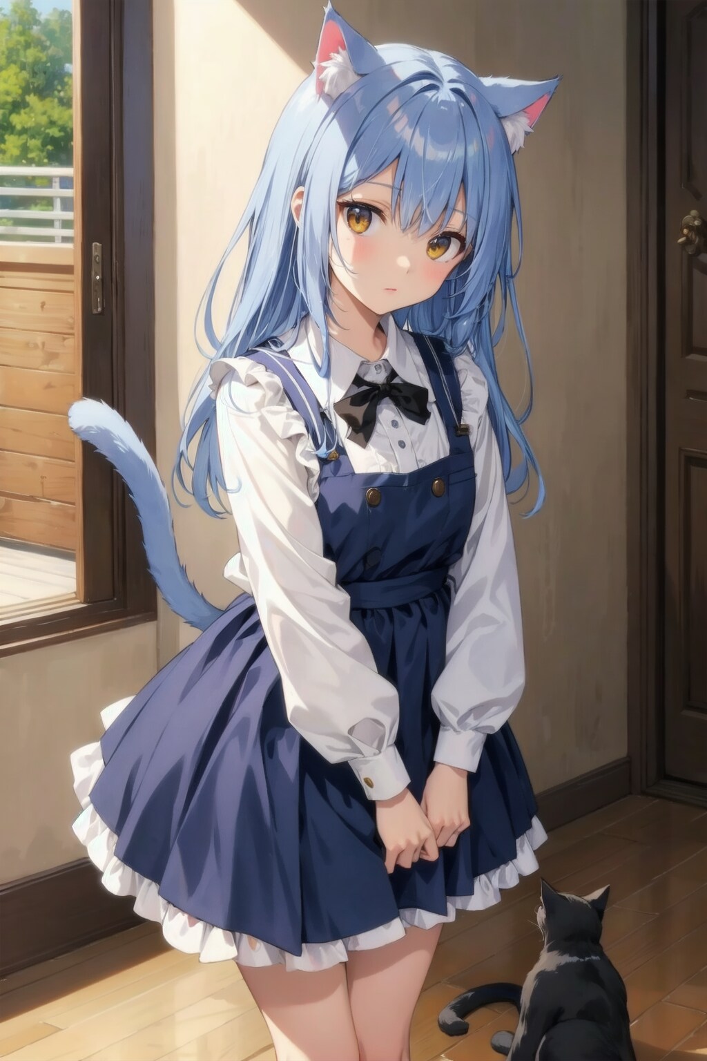 青い猫娘と外を見る猫