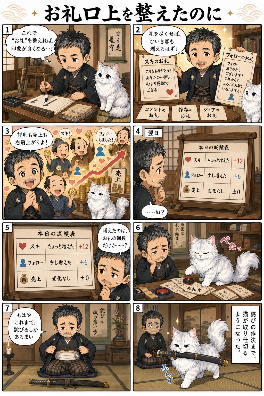 猫に予約投稿の主導権を奪われた、猫と侍のSNSお礼騒動