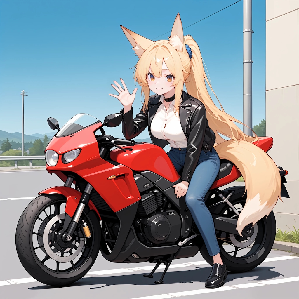 バイクにまたがり手を振る　狐娘さん