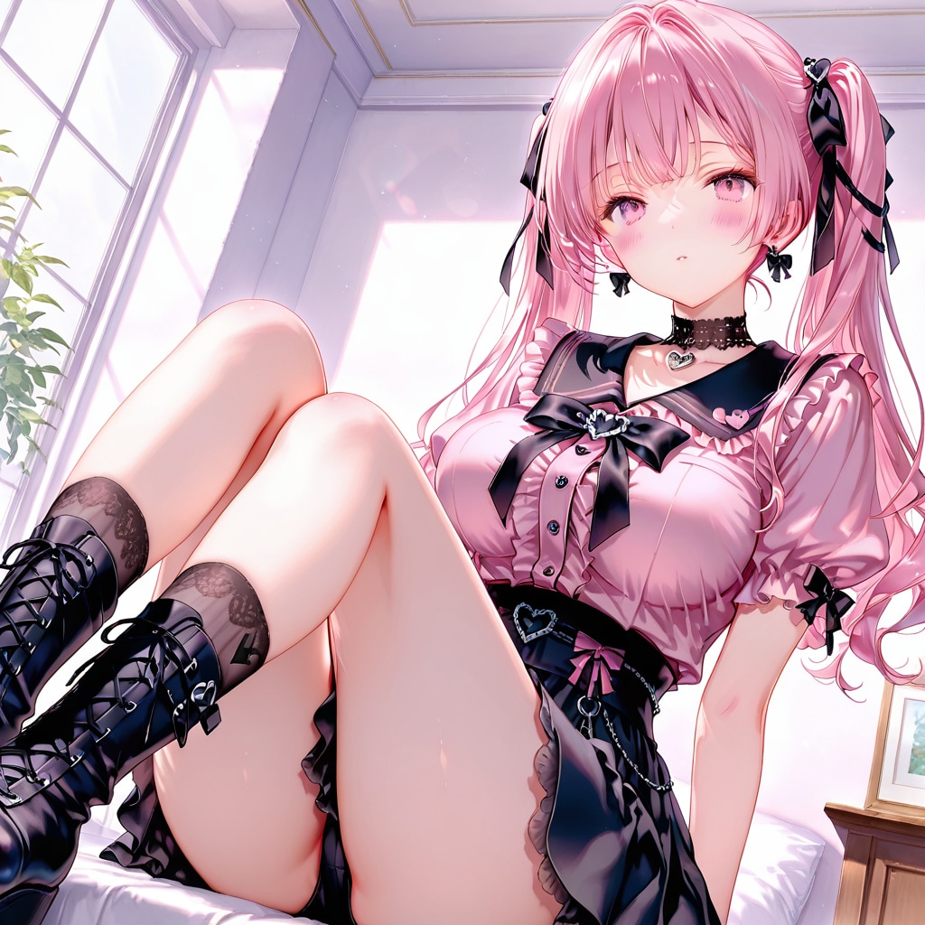 ベッドに座っているピンク髪ゴスロリ少女