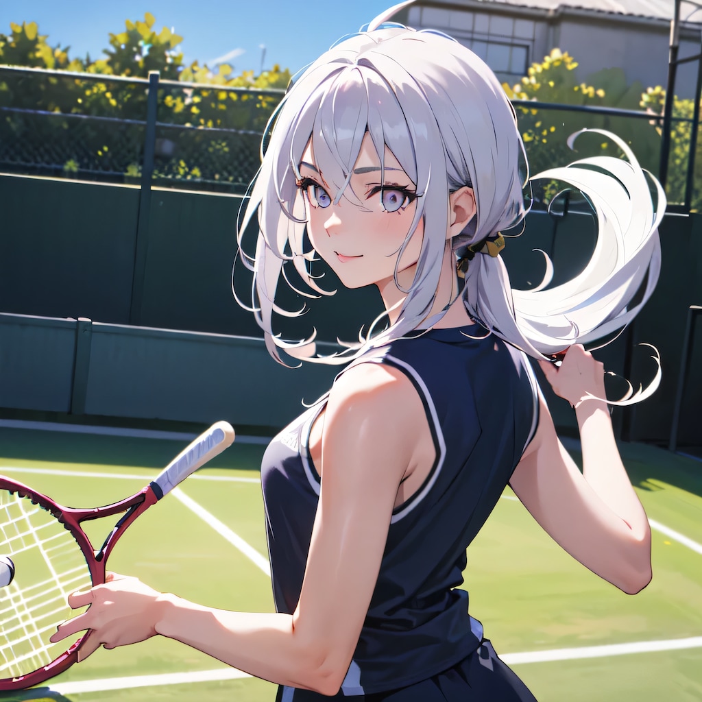 白髪ポニテでテニスウェアの少女