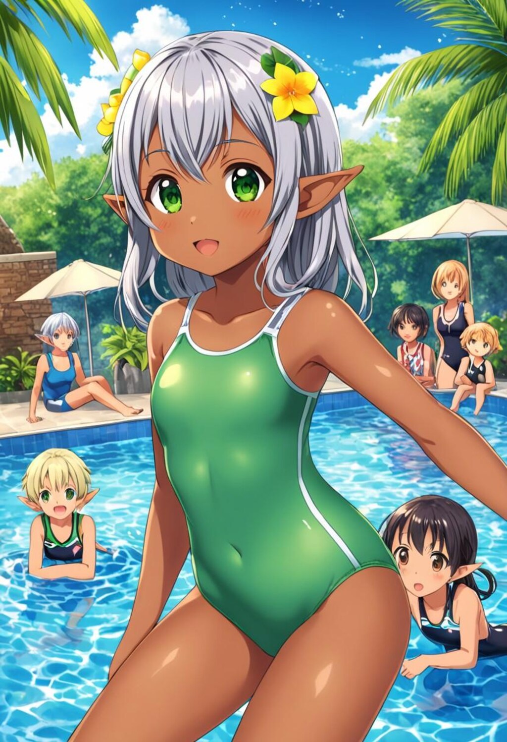 プールで遊ぶダークエルフちゃん