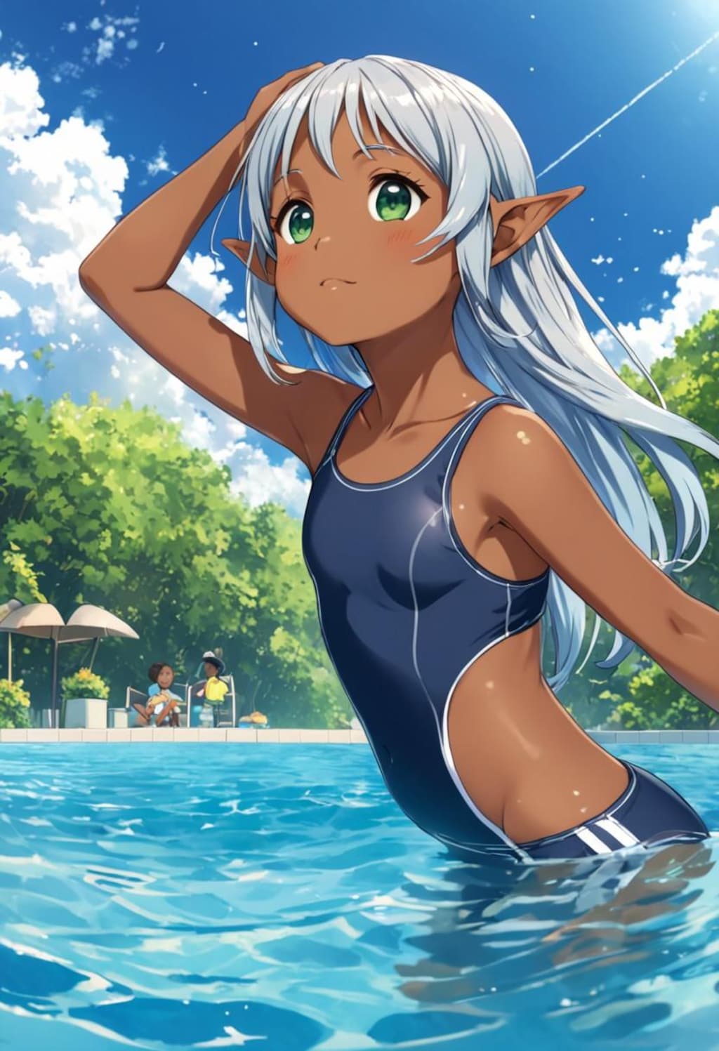 プールで遊ぶダークエルフちゃん