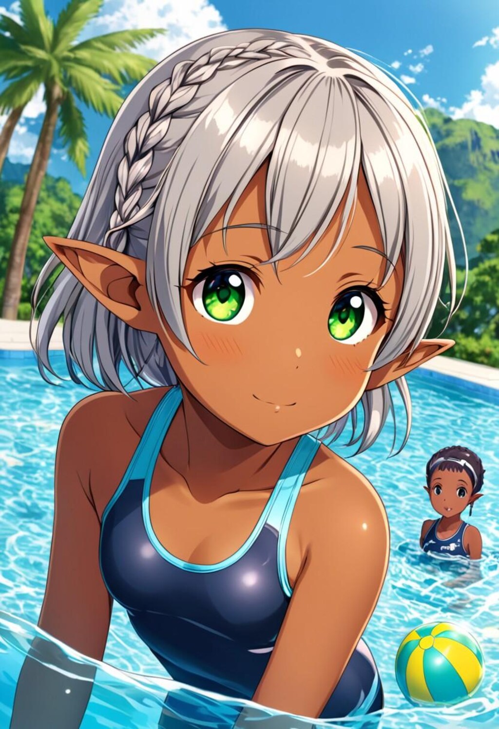 プールで遊ぶダークエルフちゃん