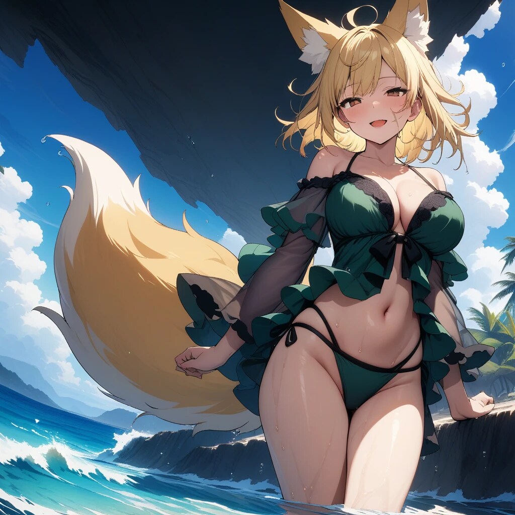 海辺の岩礁と水着ドレス