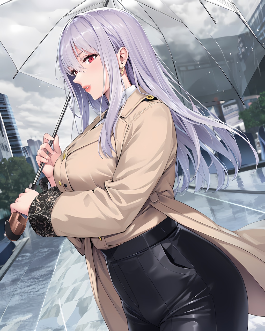 ☔雨の朝の街角で🌂バイカラートレンチの通勤スタイル✨