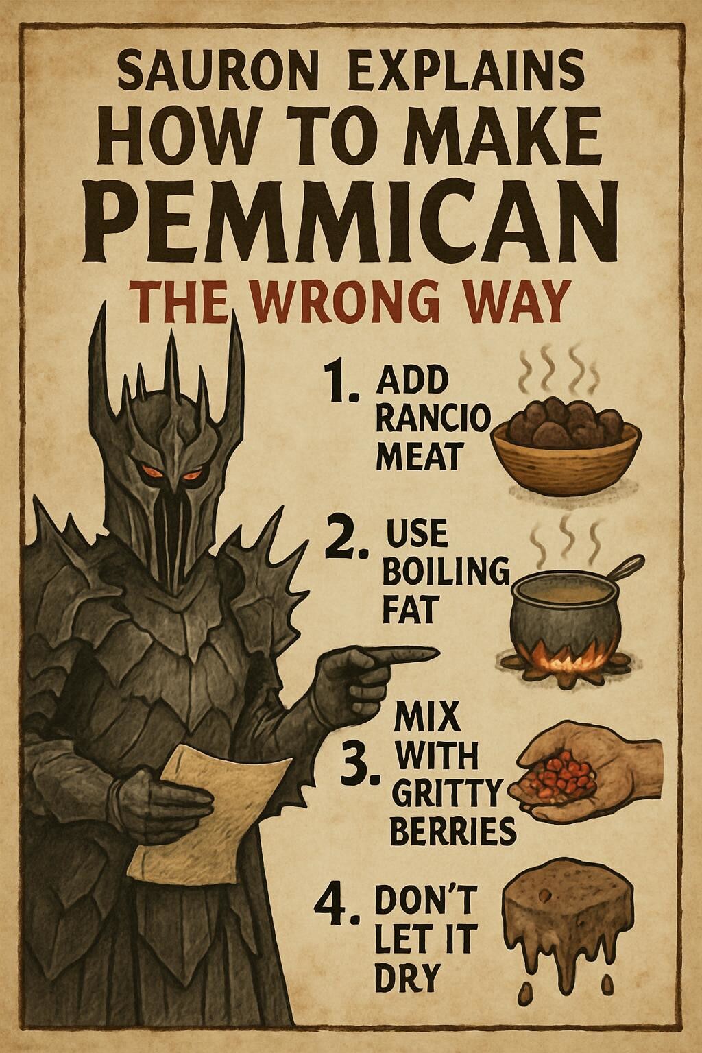 ペミカン(保存食)の間違った作り方を解説するサウロン