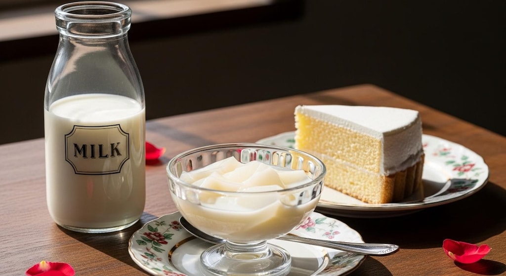 デザートのミルクゼリーとミルクケーキと牛乳のセット