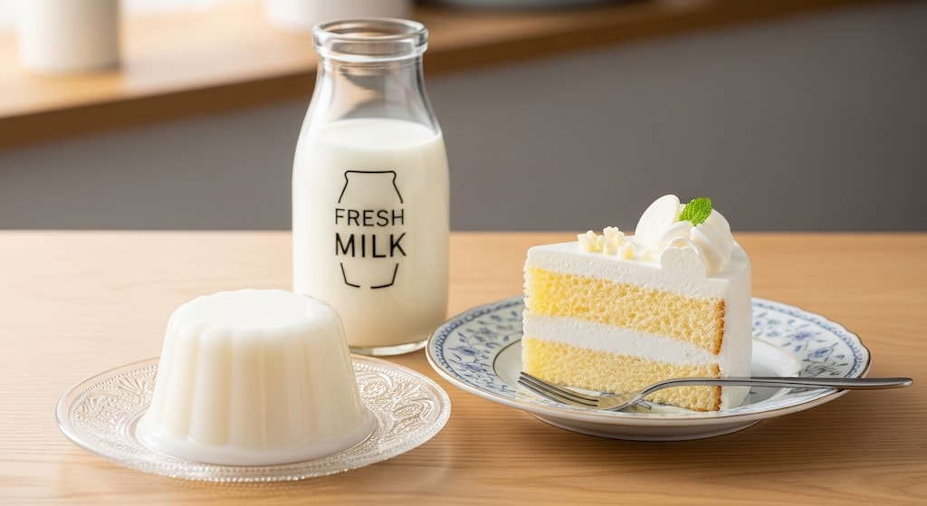 デザートのミルクゼリーとミルクケーキと牛乳のセット