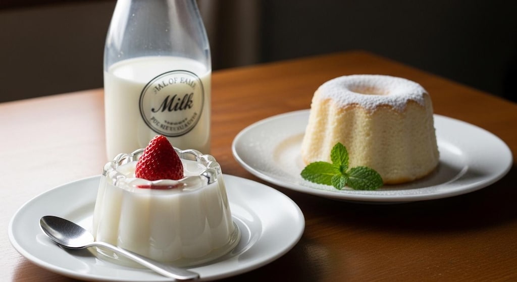 デザートのミルクゼリーとミルクケーキと牛乳のセット