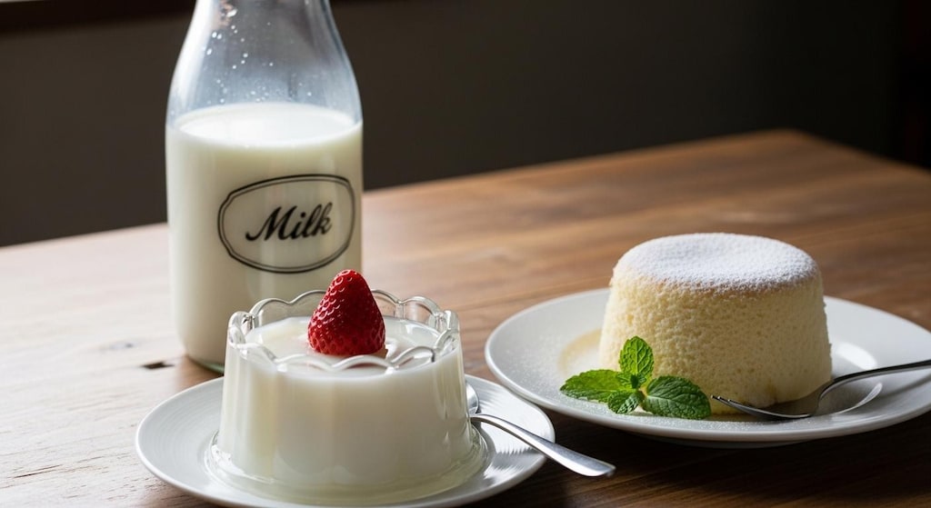 デザートのミルクゼリーとミルクケーキと牛乳のセット