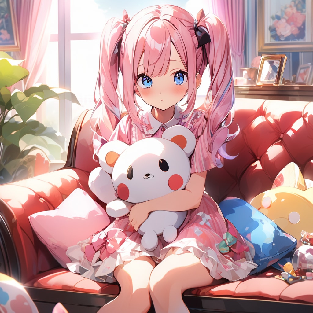 ピンク髪さんとぬいぐるみ