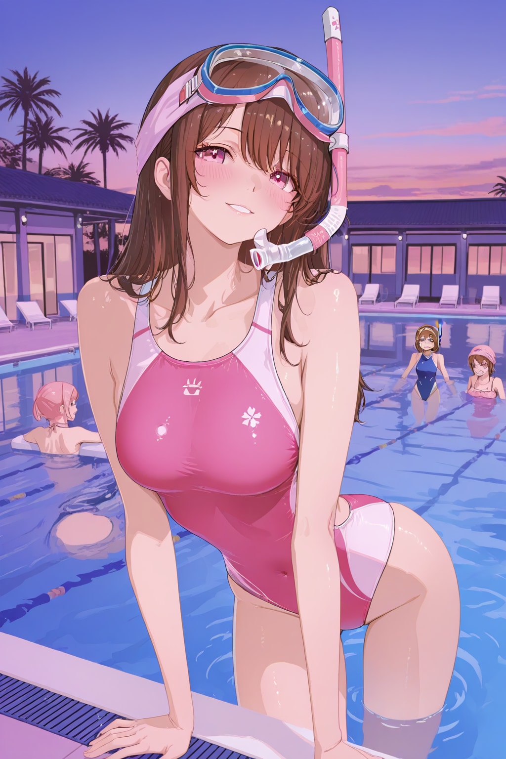 夜のプールで魅せる競泳水着の少女