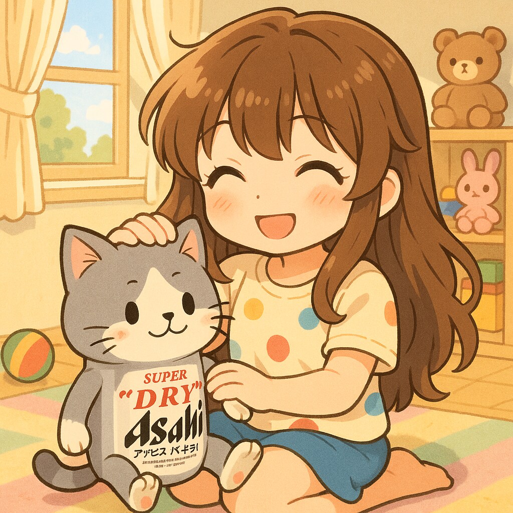 ビール猫を撫でる小さな女の子