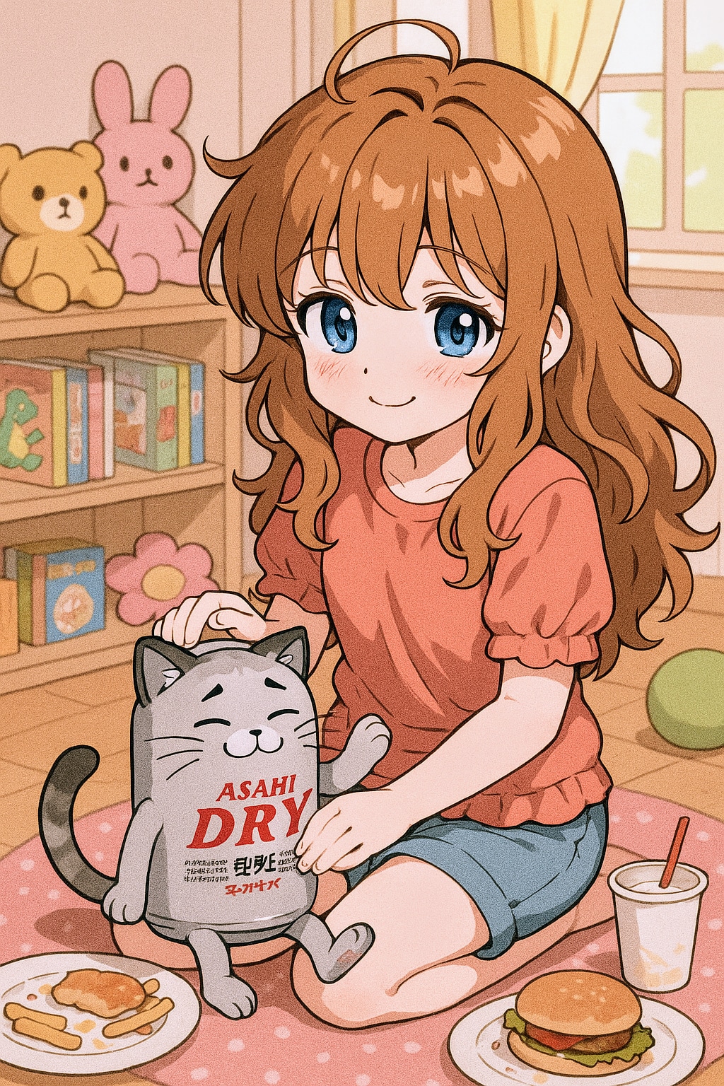 ビール猫を撫でる小さな女の子
