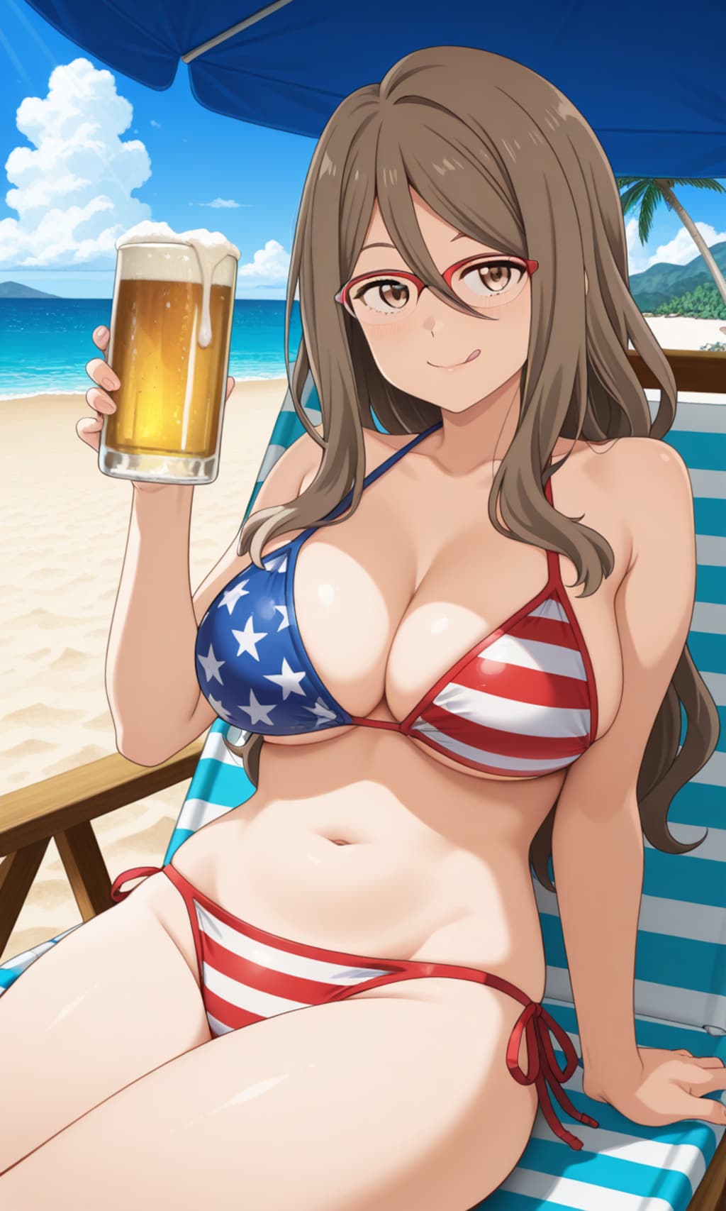 PixAI LoRAで星条旗ビキニでビールを飲む中原ミズキ🇺🇸👙🏝️🍺❤️