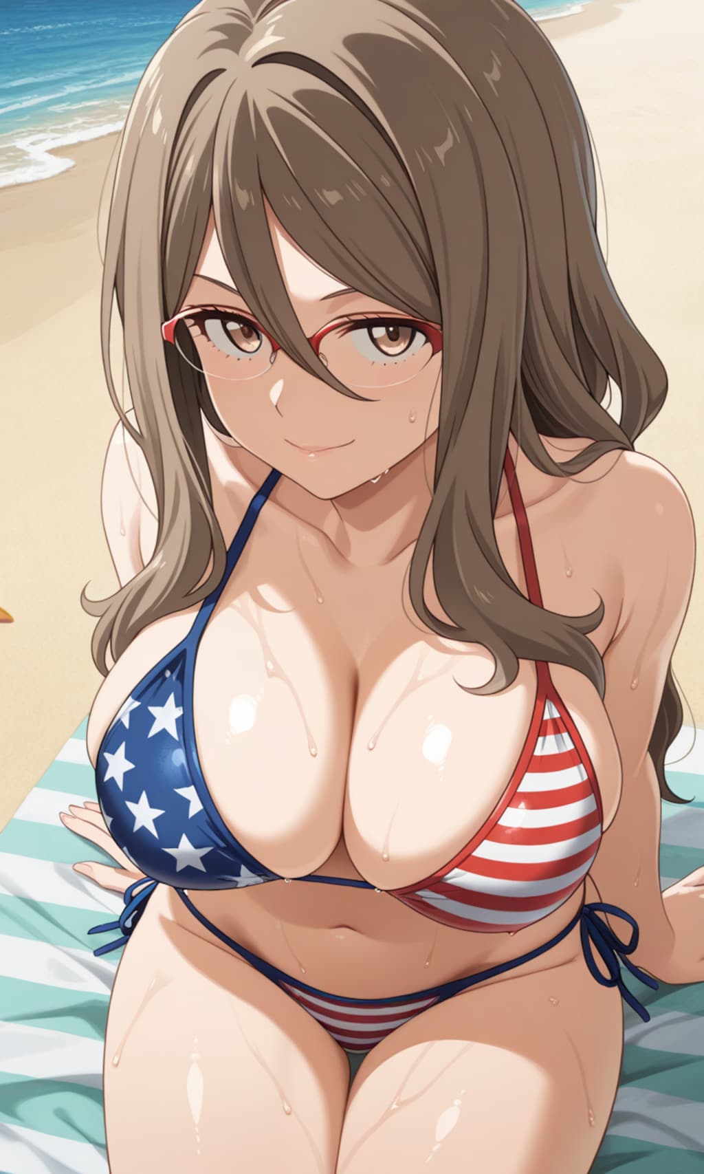 PixAI LoRAで星条旗ビキニでビールを飲む中原ミズキ🇺🇸👙🏝️🍺❤️