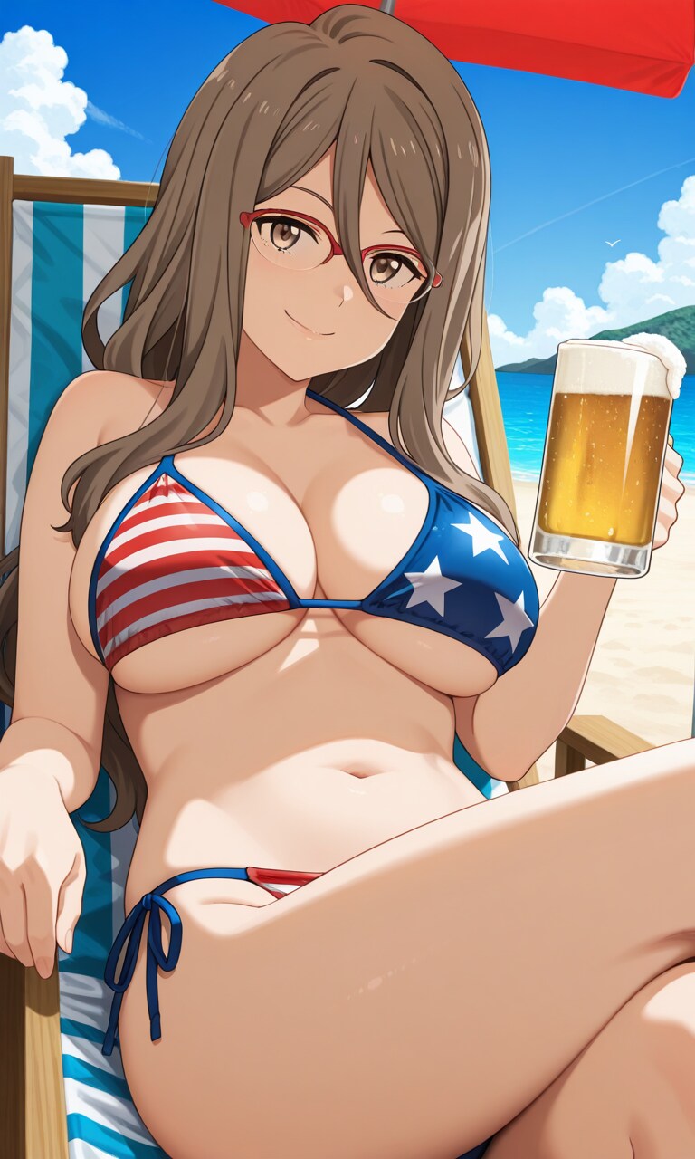 PixAI LoRAで星条旗ビキニでビールを飲む中原ミズキ🇺🇸👙🏝️🍺❤️