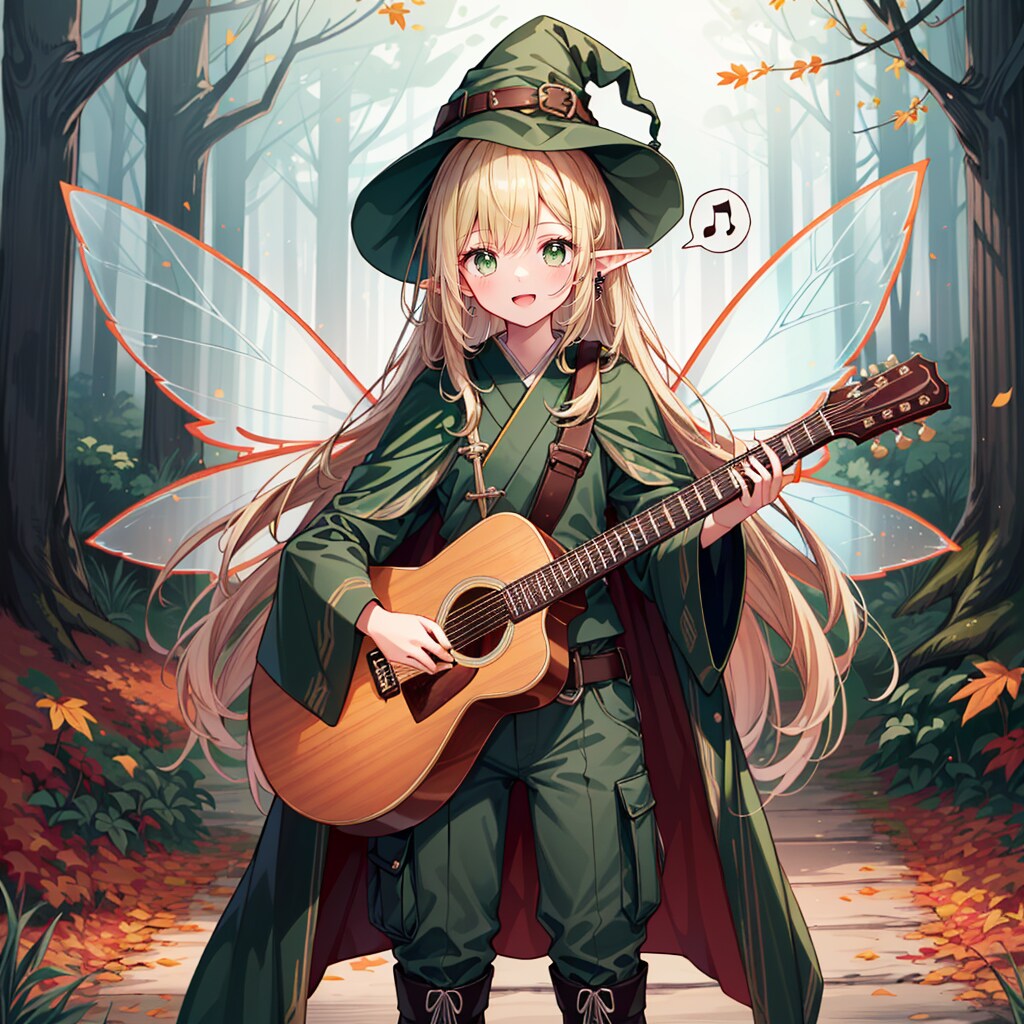 妖精の羽根とギターを弾きながら歌うエルフ魔女
