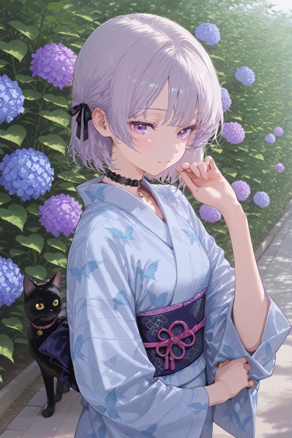 20251124紫陽花の中の浴衣姿の女性