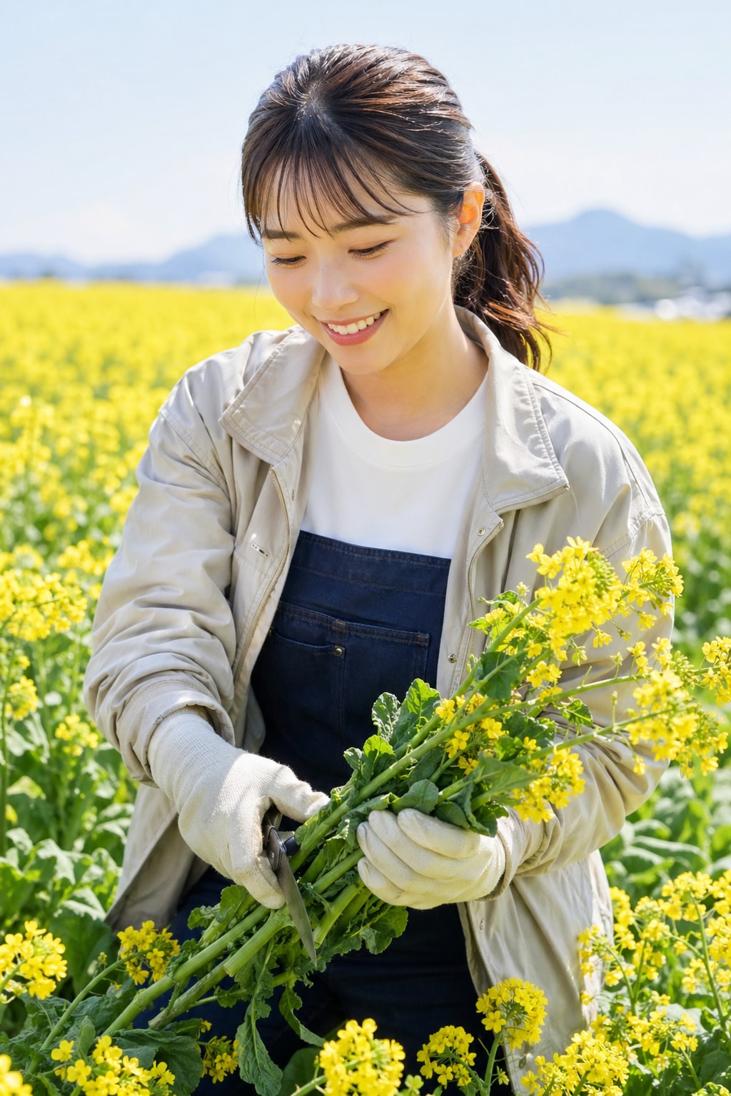 春の陽光を浴びて。菜の花畑の笑顔。
